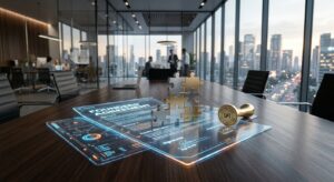 מסמך דיגיטלי מואר של הסכם מייסדים על שולחן חדר ישיבות, יחד עם חלקי פאזל ממתכת וחותמת זהב, על רקע אנשי עסקים במשרד מודרני.