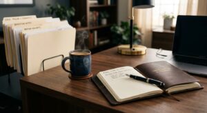 שולחן עבודה מקצועי של עורך דין הכולל תיקים משפטיים, יומן רשימות פתוח מחובר לעור, עט נובע, כוס קפה חם ומחשב נייד במשרד.