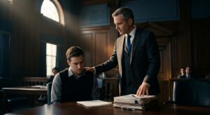 עורך דין מנוסה בחליפה מניח יד תומכת על כתפו של נאשם היושב מודאג באולם בית המשפט.