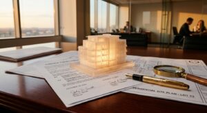 דגם תלת-ממדי מואר של בניין מגורים מונח על חוזי פיתוח נדל"ן ותוכניות בנייה, לצד עט יוקרתי וזכוכית מגדלת על שולחן ישיבות במשרד