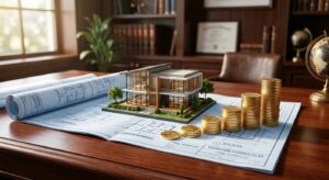 מודל תלת מימד של בית מודרני מונח על שרטוטים אדריכליים לצד ערימות של מטבעות זהב המייצגות צמיחה בהשקעות נדל"ן ותכנון מס מקרקעין