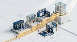 איור תלת-ממדי המציג את השלבים המרכזיים בתהליך הקמת חברה: תשתית משפטית, בנקאות ופיננסים, רישום רשמי וניהול תאגידי, המחוברים בשביל מואר.