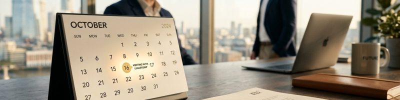 לוח שנה שולחני לחודש אוקטובר 2024 המציג תכנון פגישת הנהלה ב-16 בחודש, מונח על שולחן עם דוח אסטרטגיה רבעוני ועט יוקרתי, על רקע אנשי עסקים במשרד מודרני.